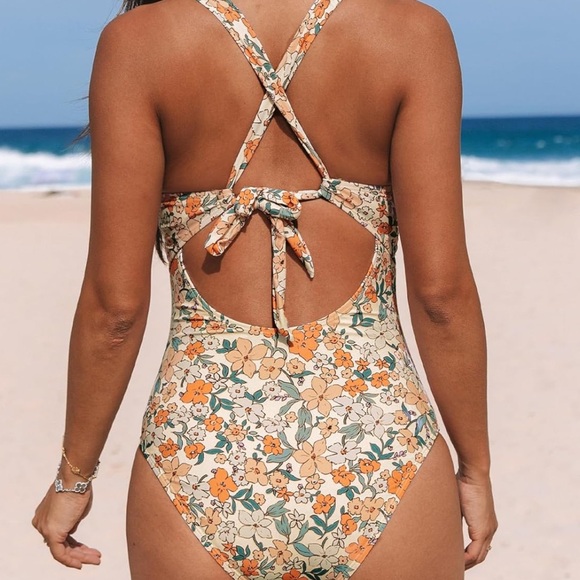 NWT One Piece Tummy Control Deep V Neck Double Straps Back Tie Swimsuit - Picture 7 of 15